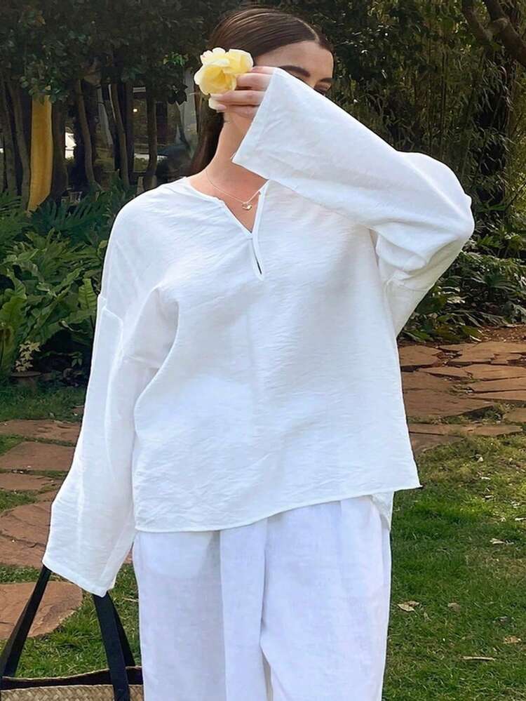 Dazy Plus Camisa blanca casual de manga larga, holgada, con media cartera, de unicolor, para mujer talla grande, para vacaciones de verano