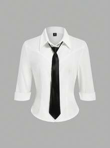 Lyrianda 女士商务休闲时尚衬衫（配领带）、修身版型、七分袖、多用途办公装 - 白色 - 查看 1