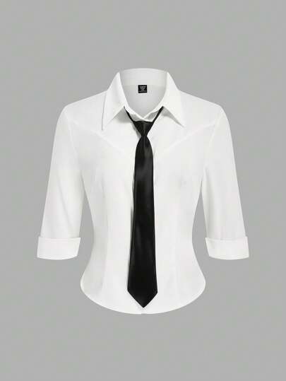 Lyrianda 女士商务休闲时尚衬衫（配领带）、修身版型、七分袖、多用途办公装