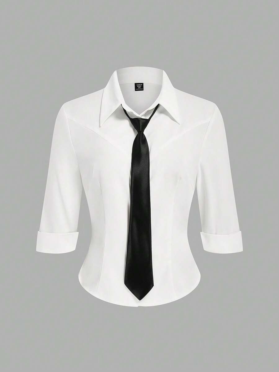 Lyrianda 女士商务休闲时尚衬衫（配领带）、修身版型、七分袖、多用途办公装 - 白色 - 查看 1