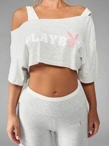 Missguided x Playboy Bộ đồ thể thao hở vai phối hợp quần dài tập luyện bộ đồ hai mảnh đồ thể thao đồ mặc nhà đồ mặc nhà đường phố - Màu Xám nhạt - Xem 5