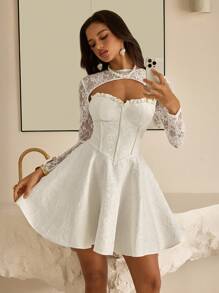 Vowa Elegant Luxury Lace Patchwork Jacquard Satin A-Line Sheer Long Sleeve Dress, Suitable For Weddings, Parties, Holidays, Balls, Gifts, Bride, Graduation, Teacher Outfits For Women, Teacher Dress, Valentine's Day - Beige - View 4