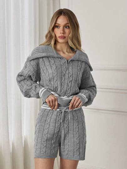 EURMUSE Women Cable Knit Pattern Stripe Hem Detailed Pullover With Zipper & Sweater Short Set,Petite Co Ord,Co Ord,Petite,Winter Clothes