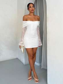 SHEIN BAE 秋冬纯白色性感简约露肩蝴蝶结蕾丝边修身长袖女士优雅迷你连衣裙，适合鸡尾酒会、浪漫约会、分层搭配、派对、正式聚会、夜间外出、婚礼宾客礼服、万圣节、圣诞节