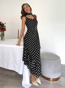 Siren Gaze 夏季婚礼宾客礼服 | 海岛度假和蜜月装 女士 2025 黑色波点露肩长裙，可拆卸围巾，荷叶边不对称下摆 - 女士泳池派对和沙滩装，节日气息十足的度假装