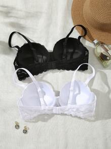 SHEIN 2 piezas Conjunto de sujetador sin tirantes de encaje y sin aros con tirantes desmontables para mujeres, push up multicolor