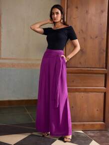 ZEYLAH Women's Belted Linen Wide Leg Pants, Summer Vacation - Purple - View 2