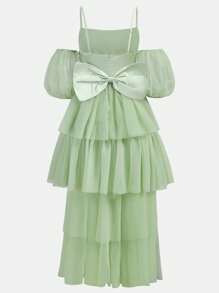 SHEIN Girlism Váy xếp lớp lưới dệt màu xanh lá cây cho bé gái tuổi teen, ngọt ngào, thanh lịch và lộng lẫy, thắt lưng, nơ sau lưng, dáng chữ A lớn, ngắn phía trước và dài phía sau, váy xòe nhiều lớp, thích hợp cho phù dâu, vũ hội tốt nghiệp, tụ họp tiệc tùng, thích hợp cho mùa xuân và mùa hè, váy dự tiệc, váy dạ hội dài - màu xanh lá - Xem 4