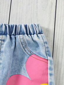 SHEIN Bộ đồ áo ba lỗ không tay cổ tròn thoải mái tối giản giản dị cho bé gái và quần short denim - Hồng - Xem 7