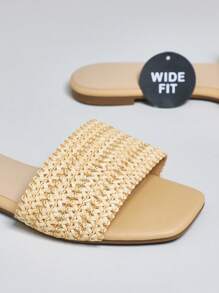 SHUZIA 女士宽版拉菲草一脚蹬凉鞋 - 杏色 - 查看 4