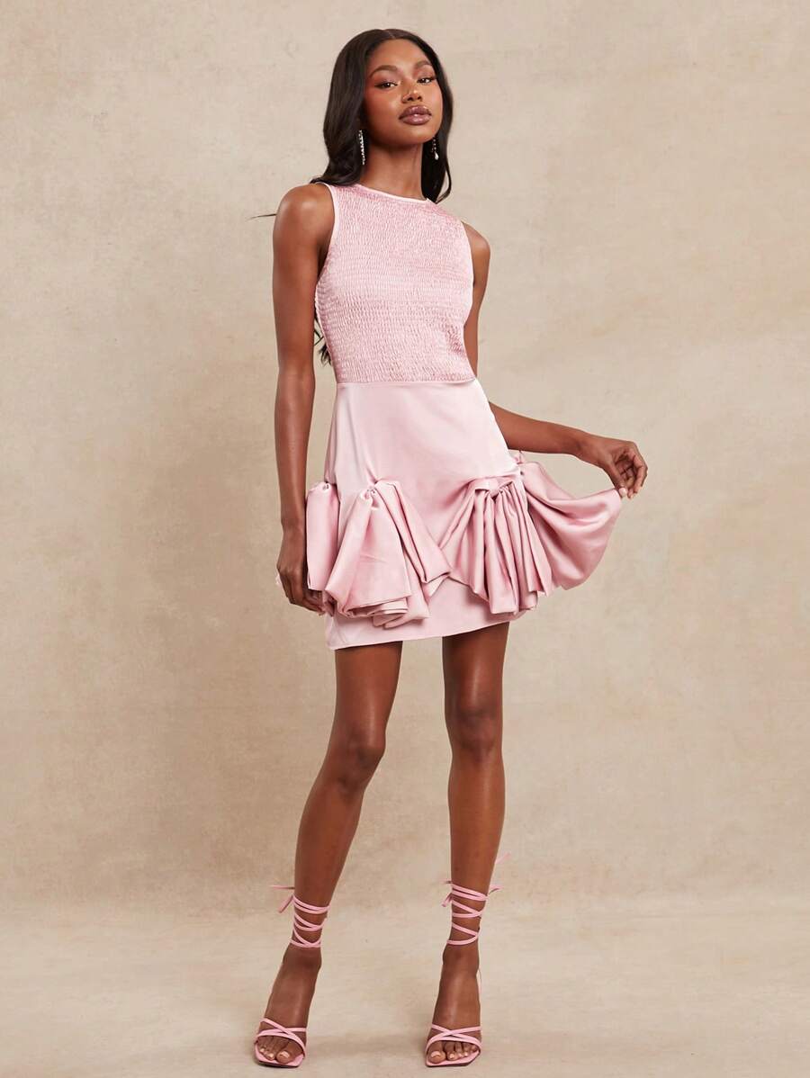 NYA SZN 连衣裙迷你蝴蝶结露肩夏季优雅俱乐部荷叶边毕业外出新娘婚礼宾客特殊场合缎面柔和服装女士 - 粉色 - 查看 1