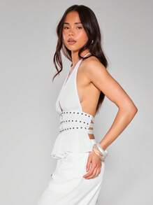 MUSERA Halterneck Ruched Top With Eyelet Banding Western Festival Ibiza Holiday Summer Spring - White - View 4