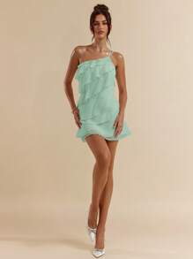 SHEIN BAE 夏季海滩度假纯色杏色分层荷叶蛋糕迷你连衣裙，适合日常约会、夜间外出、夜总会、派对、聚会、鸡尾酒会、泳池派对、返校季服装、学校季连衣裙、节日连衣裙、音乐节服装、乡村音乐节服装、演唱会服装 - 藍色 - 查看 2