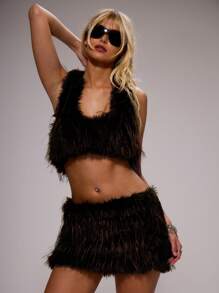 MUSERA Halter Neck Fluffy Sleeveless Crop Top Spring, Summer, Holiday, Festival, Rave, Grunge, Cool Girl, Y2K Fall, Autum, Winter, - Brown - View 1