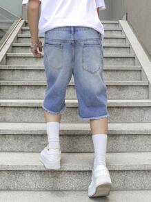 Manfinity EMRG 男士水洗做旧牛仔短裤 - 淺色水洗藍 - 查看 2