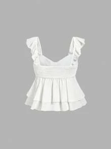 SHEIN MOD Damen weiße Zweiteiler für den täglichen Gebrauch, 2-teilige Sets für Damen, Sommer-Sets, Boho, Urlaub, Strand, luftiges Urlaubs-Zweiteiliges Set, Brunch-Outfits für Damen, Fairycore, elegant, Rüschen-Chiffon Zweiteiler - Weiss - Übersicht 5