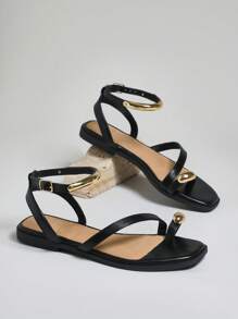 SHUZIA 女士金属装饰趾环踝带舒适日常夏季可爱度假休闲基本款平底凉鞋 - 黑色 - 查看 3