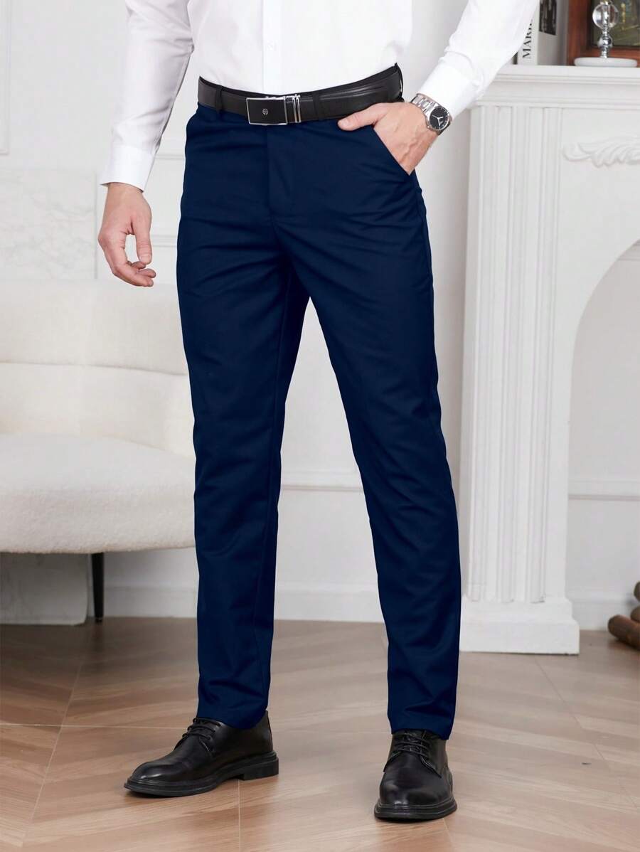 Calvornis Men's Business Style Solid Color Suit Trousers (Asymmetric Cut), Old Money Style - Navy Blue - View 1