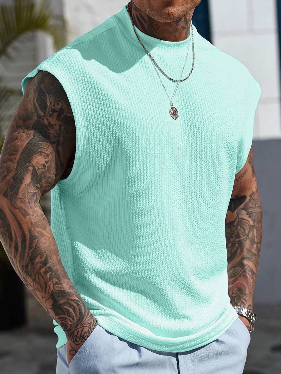 Manfinity Roughcore Men's Solid Color Textured Fabric Crew Neck Casual Tank Top, Holiday - Baby Blue - View 1