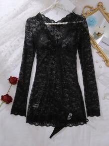 SHEIN Women Deep V-Neck Bodycon Lace Splice Lingerie Dress And Thong Set For Going Out, Baddie Look - Black - View 6