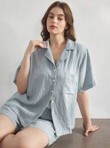 Ocili Conjunto de pijama de talla grande de lino suave a rayas con cuello, ropa de hogar informal - Azul - Ver 3