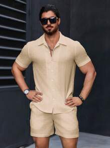 Manfinity Homme 2pcs/Set Men's Solid Color Short Sleeve Single Breasted Shirt & Shorts Casual Outfit - Khaki - View 6