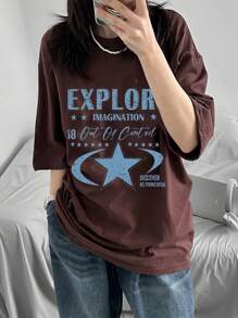 DAZY Women's Letter Print Contrast Color Loose Round Neck Short Sleeve T-Shirt, Spring, Summer Graphic Tee Oversized T-Shirt, Teacher - Brown - View 3