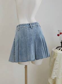 SHEIN MOD 女士纯色褶皱侧拉链休闲百搭牛仔裙、褶裙、女士夏季连衣裙、女士生日裙、女士商务休闲裙、乡村音乐会裙、女士音乐会裙、女士休闲裙、女士度假裙、茶会裙、女士邮轮裙 - 淺色水洗藍 - 查看 2