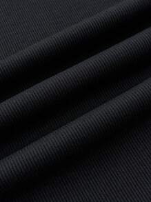 Teen Girls Black And White Casual Personalized Contrast Collar Ribbed Knit Buttons Snug Fit Dress, Summer Dresses, Butterfly Embroidery