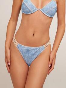 WESTFADE Denim Printed Faux Crochet Low Rise High Cut Leg Ruched Back Summer Western Cowgirl Bikini Bottom - Blue - View 4