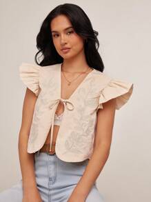 WESTFADE Cotton Twill Spring Country Western Floral Embroidered V Neck Cute Bow Tie Front Ruffle Short Sleeve Boxy Fit Crop Vest - Khaki - View 1