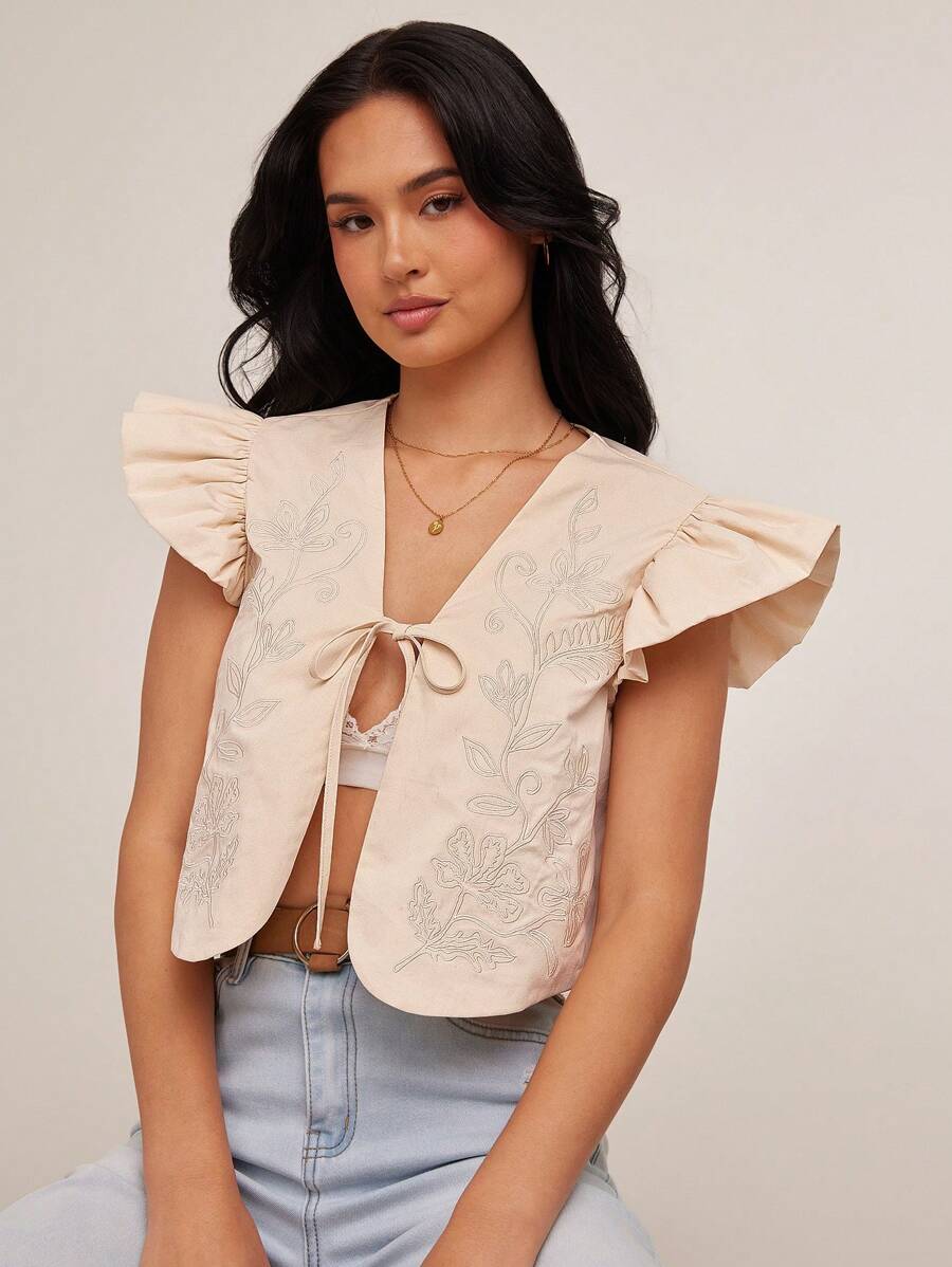 WESTFADE Cotton Twill Spring Country Western Floral Embroidered V Neck Cute Bow Tie Front Ruffle Short Sleeve Boxy Fit Crop Vest - Khaki - View 1