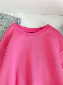 SHEIN EZwear Women's Casual Simple Round Neck Long Sleeve Thick Loose Sweatshirt Autumn Winter Clothes For Women - Pink - View 4