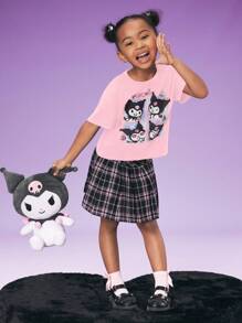 HELLO KITTY AND FRIENDS | SHEIN 年轻女孩黑色卡通印花休闲百搭针织短袖T恤 - 粉色 - 查看 5