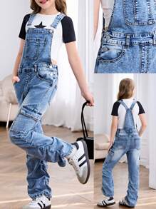 TWEEN GIRL Y2K URBAN STREET Stone Wash High Stretch Cargo Denim Overall Stacked Jeans, Adjustable Straps And Flat Pockets On Side And Back. And Soft. - Medium Wash - View 1