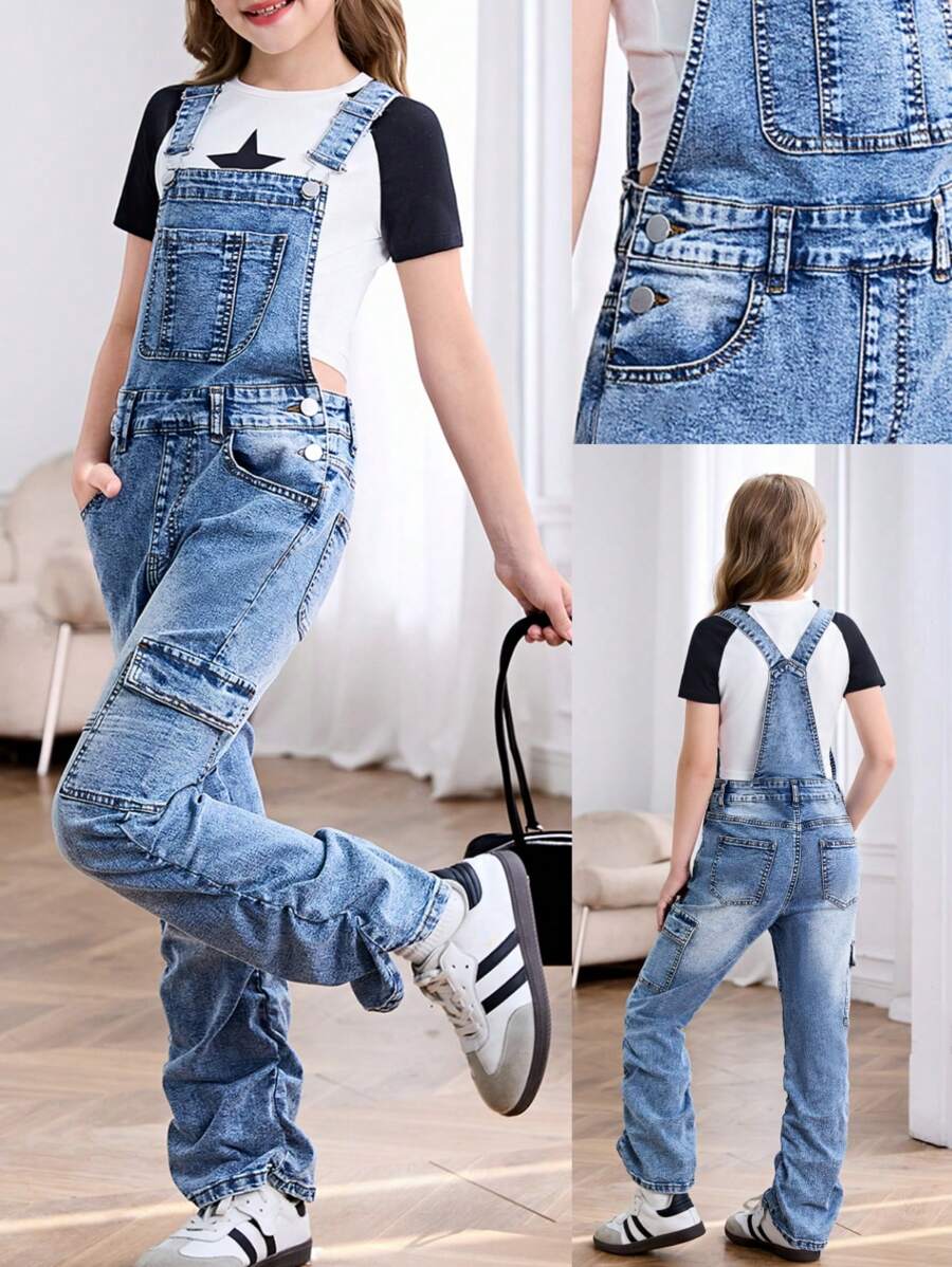 TWEEN GIRL Y2K URBAN STREET Stone Wash High Stretch Cargo Denim Overall Stacked Jeans, Adjustable Straps And Flat Pockets On Side And Back. And Soft. - Medium Wash - View 1
