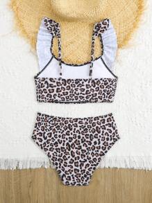 Tween Girls Leopard Print Ruffled 2-Piece Swimsuit, Suitable For Beach, Children Swimwear, Random Printed
