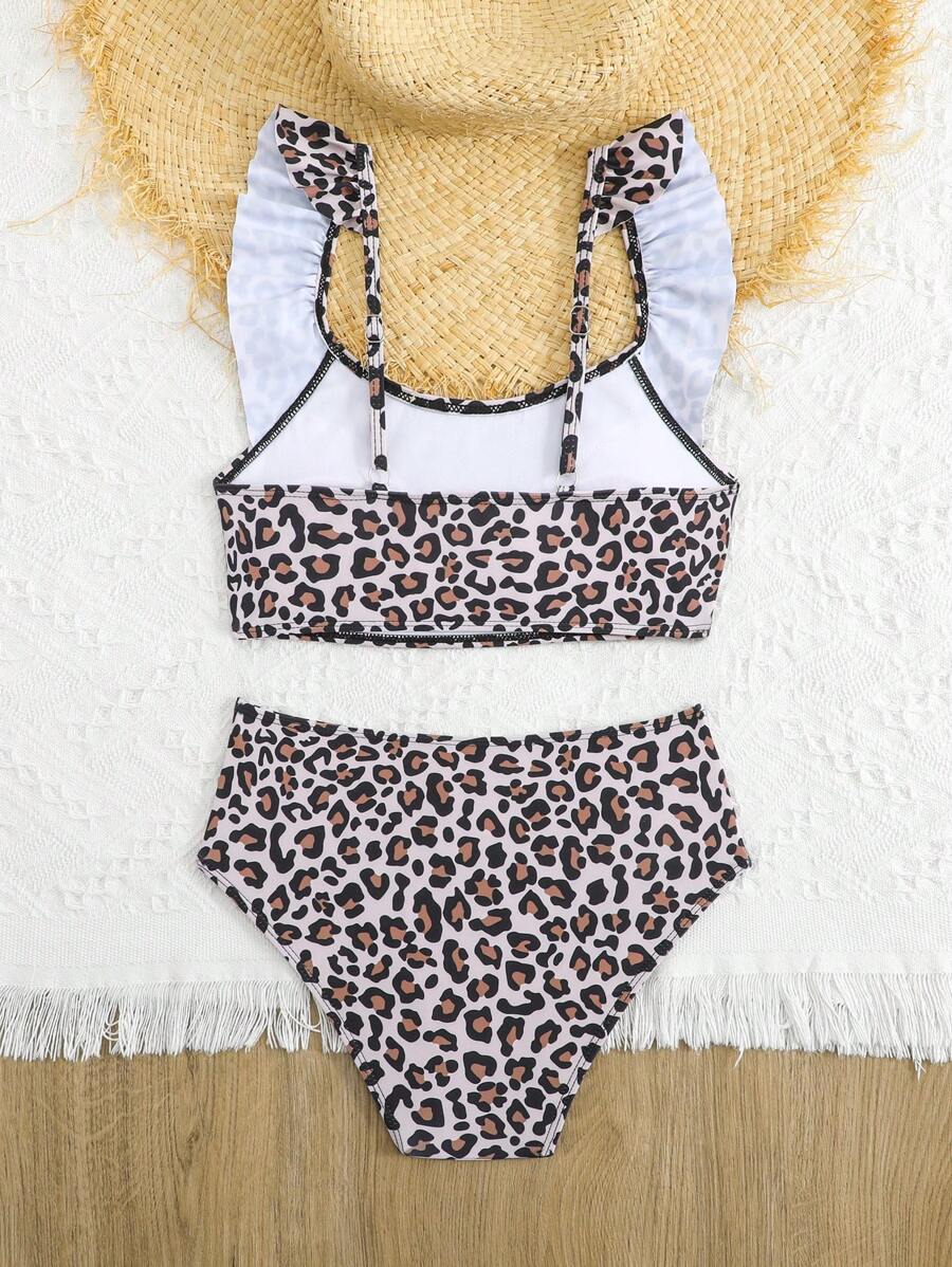 Tween Girls Leopard Print Ruffled 2-Piece Swimsuit, Suitable For Beach, Children Swimwear, Random Printed - Multicolor - View 1