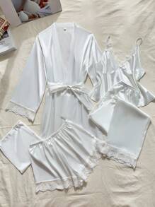 SHEIN 5件套女士蕾丝吊带背心、长裤、短裤、优雅系带睡袍及缎面睡衣套装，四季皆宜，适合户外或居家穿着，秋冬皆宜。 - 白色 - 查看 1