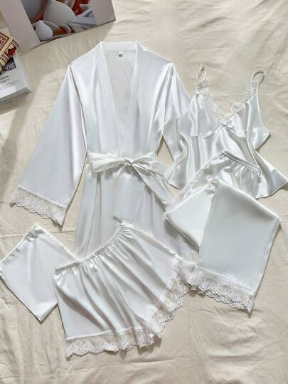SHEIN 5件套女士蕾丝吊带背心、长裤、短裤、优雅系带睡袍及缎面睡衣套装，四季皆宜，适合户外或居家穿着，秋冬皆宜。