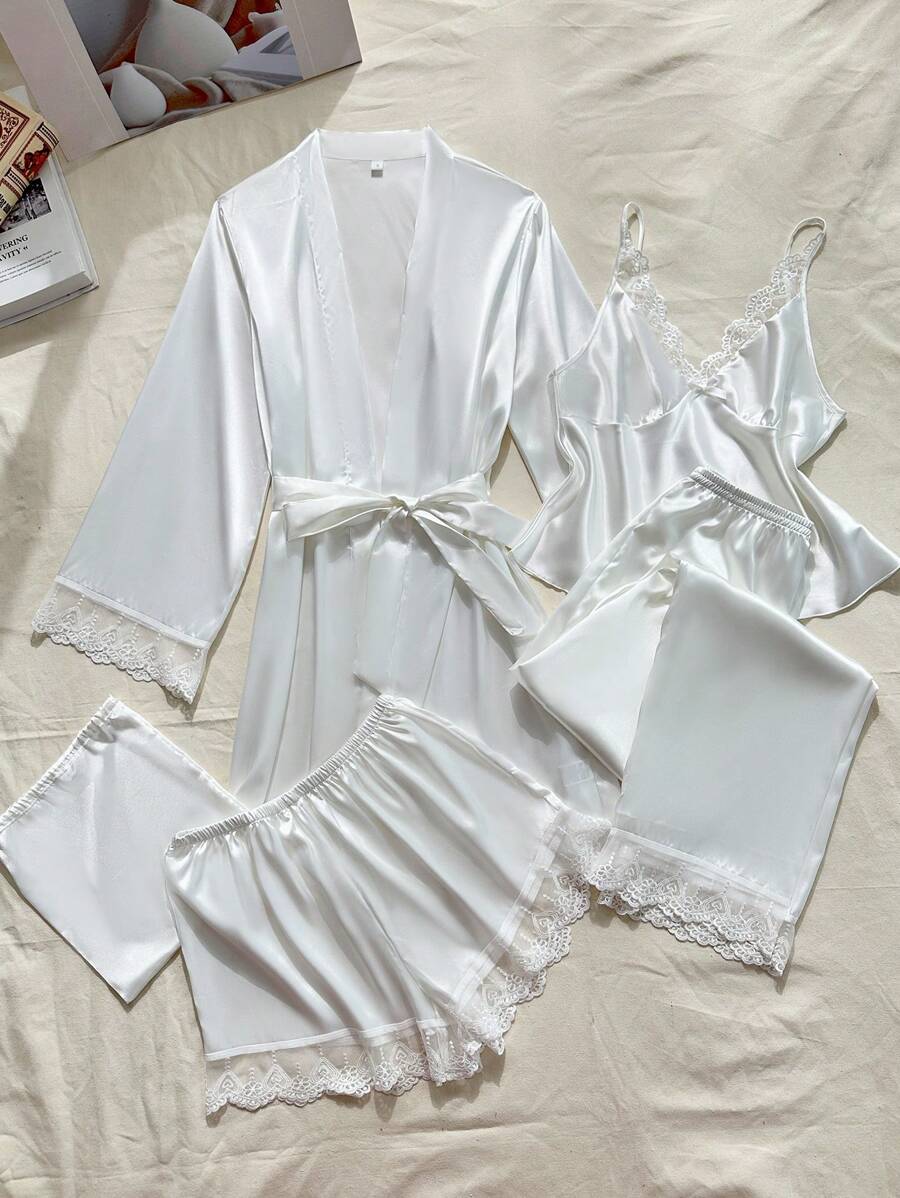 SHEIN 5件套女士蕾丝吊带背心、长裤、短裤、优雅系带睡袍及缎面睡衣套装，四季皆宜，适合户外或居家穿着，秋冬皆宜。 - 白色 - 查看 1