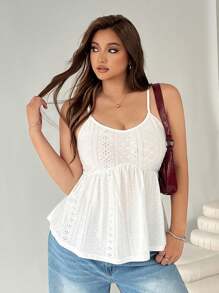 SHEIN EZwear Plus Size Women Yellow & White Floral Embroidered Camisole Tank Top - Yellow - View 7