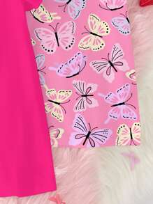 Baby Girls Pink Unicorn & Butterfly Cartoon Print Dress Home Clothes With Flutter Sleeves, Multi-Piece Set, Summer - Multicolor - View 3