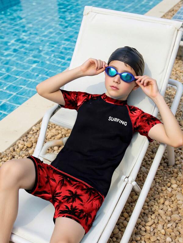 SHEIN 2pcs/Set Tween Boy Casual Vacation Letter & Palm Tree Printed Swimwear Set, Top & Bottoms, Swimsuit, Cost-Effective Beachwear, Swimming, Surfing