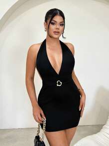 SHEIN SXY Đầm đen hở lưng khóa kim loại gợi cảm - màu đen - Xem 5