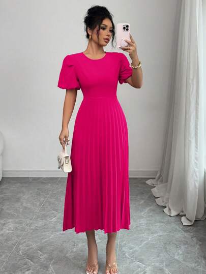 Rafferiza 优雅法式灯笼袖圆领紧身褶边连衣裙，修身，无弹力，红色，适合春夏季女性