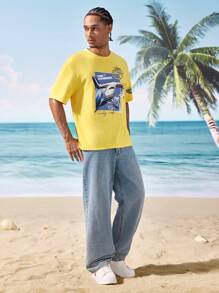 Shark Week X SHEIN 鲨鱼与字母图案圆领短袖 T 恤 - 黃色 - 查看 6