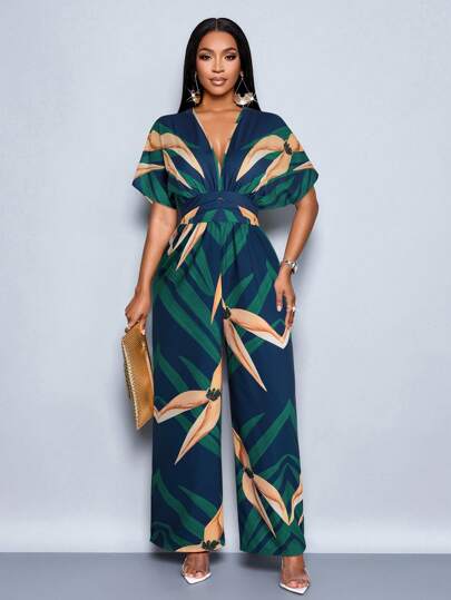 SOLERSUN Women's Chain Print Batwing Sleeve Jumpsuit, Summer