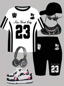 SHEIN Leap Crew 2 件套青少年女孩休闲简约短袖 T 恤和短裤套装，适合夏季 - 彩色 - 查看 3