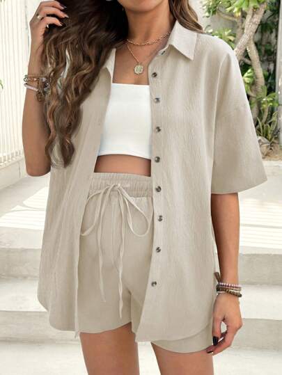 SHEIN 2pcs/Set Women Crinkled Collar Short Sleeve Shirt And High Waist Drawstring Shorts Casual Suit